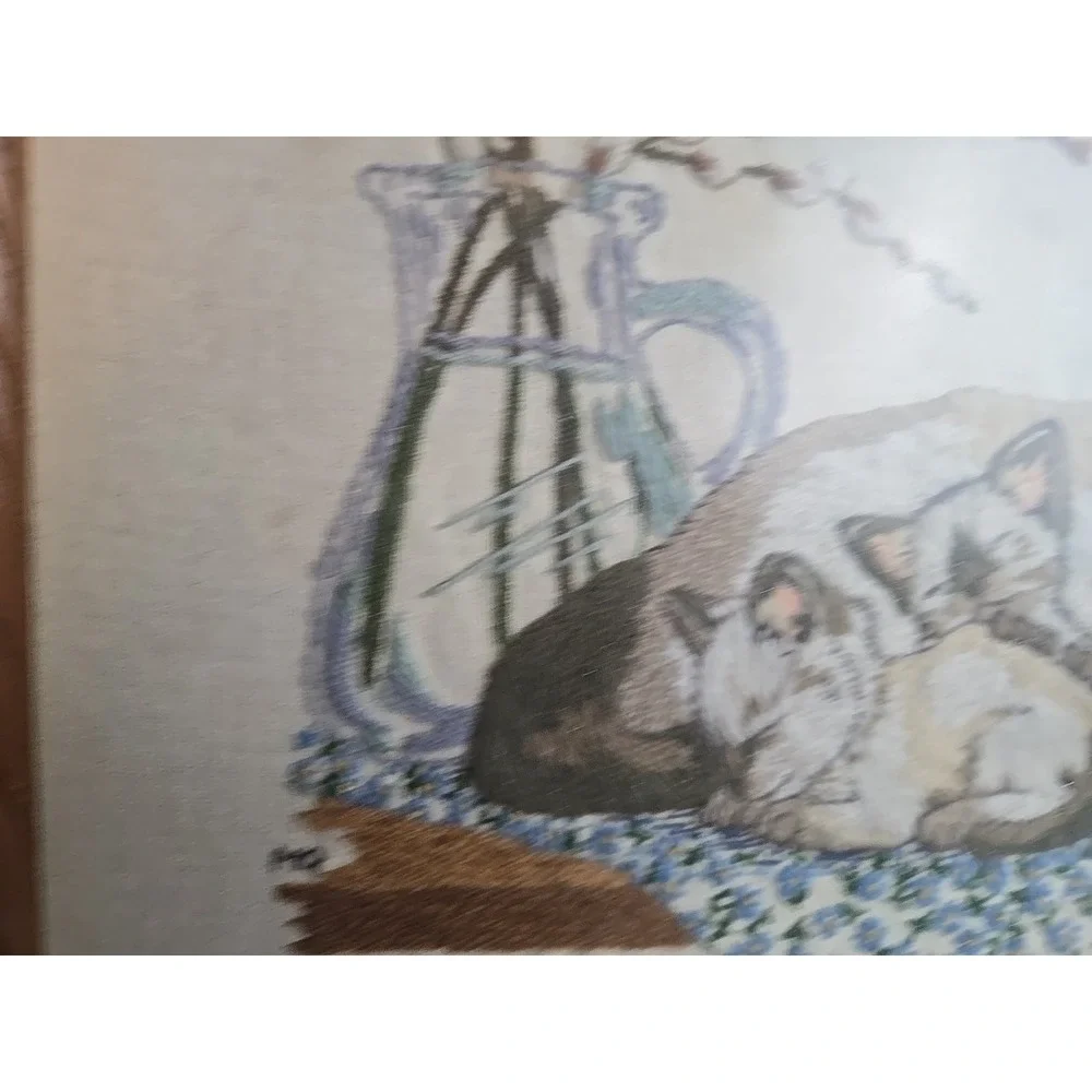 Mother's Pride Siamese Cat & Kittens Crewel Embroidery Completed Framed 21x17.5